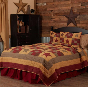 Ninepatch Star Black Burgundy Queen Set; 1-Quilt 90Wx90L w/2 Shams 21x27 VHC Brands - The Fox Decor